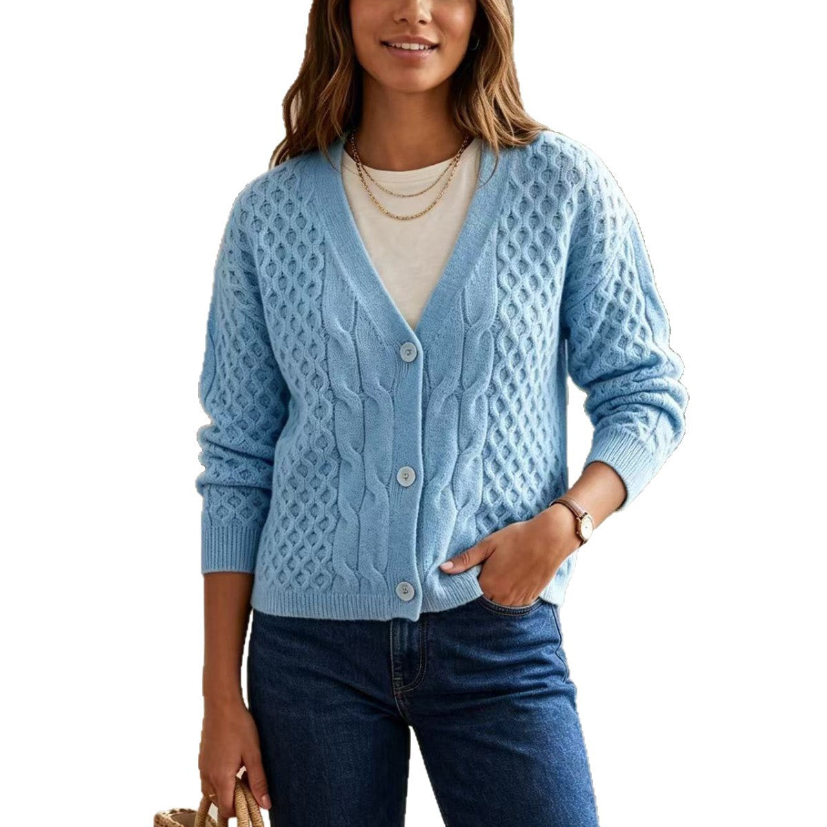 New Spring Autumn and Winter Single-breasted Cable-knit Cardigan
