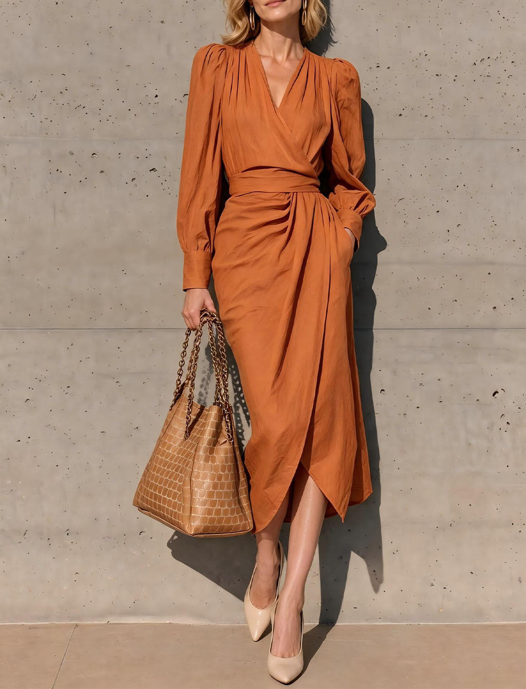 Long-sleeved, Waist-cinched Dress with a Tie and Bow Detail
