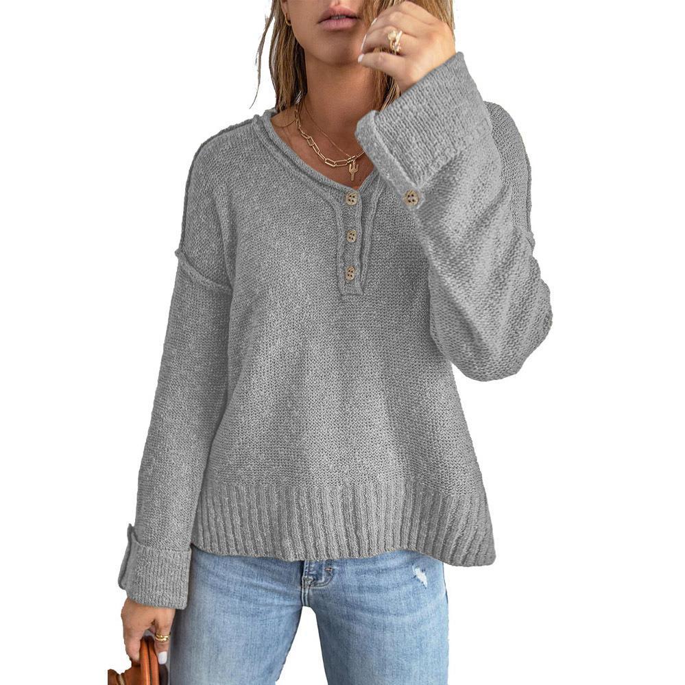 Women's Fashion New Loose Button Knitted Shoulder Sweater