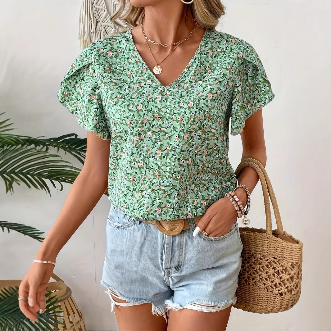 Floral V‑Neck Ruffle Sleeve Shirt – Light Green Casual Top