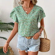 Floral V‑Neck Ruffle Sleeve Shirt – Light Green Casual Top