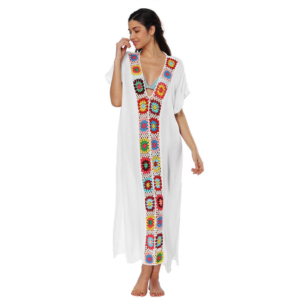 Hand-Knitted Patchwork Slit Maxi Dress