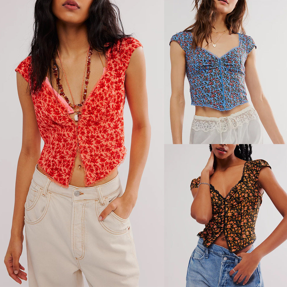 Floral V‑Neck Crop Top – Slim Fit, Midriff‑Baring, Stretch Polyester