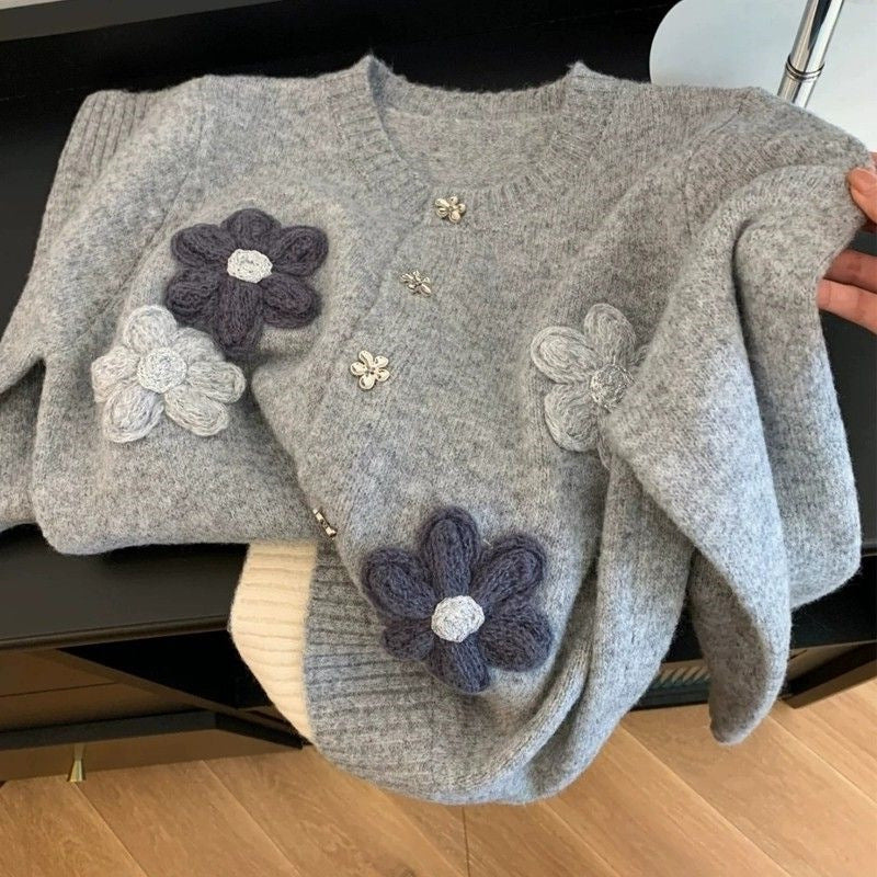 Korean Style Flower Loose Sweater Women's Autumn and Winter Lazy Embroidery