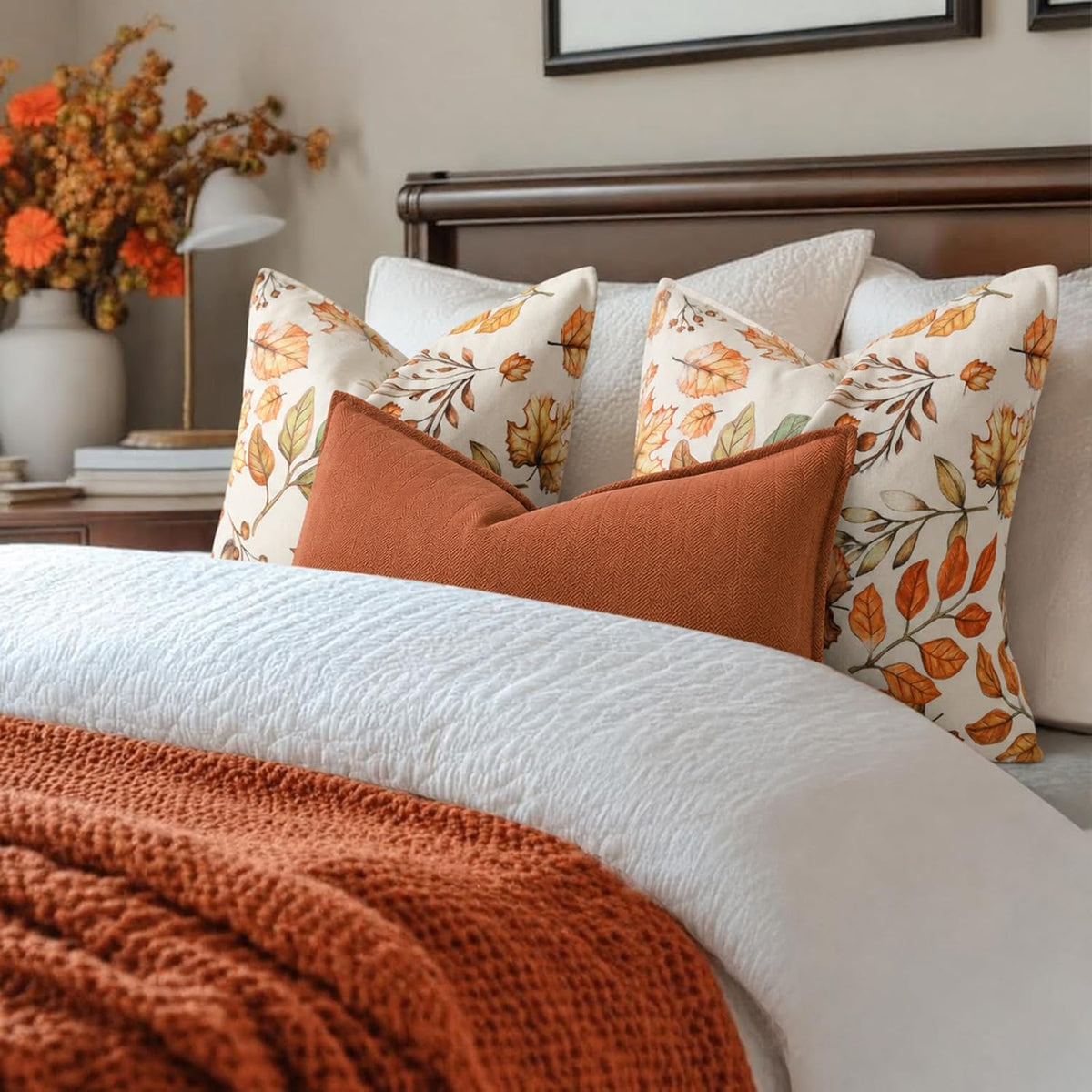 Fall Pillow Covers 2 Pack, 20x20 Inch Maple Leaf Cotton Cushion Cases for Sofa, Couch, Bed and Autumn Home Decor