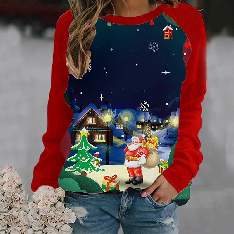 Women's Red Contrast Color Old Printed Long-sleeved T-shirt