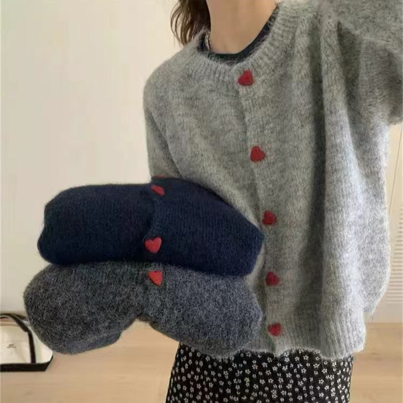 Round Neck All-matching Design Love Girl Buckle Knitted Cardigan Sweater Coat for Women