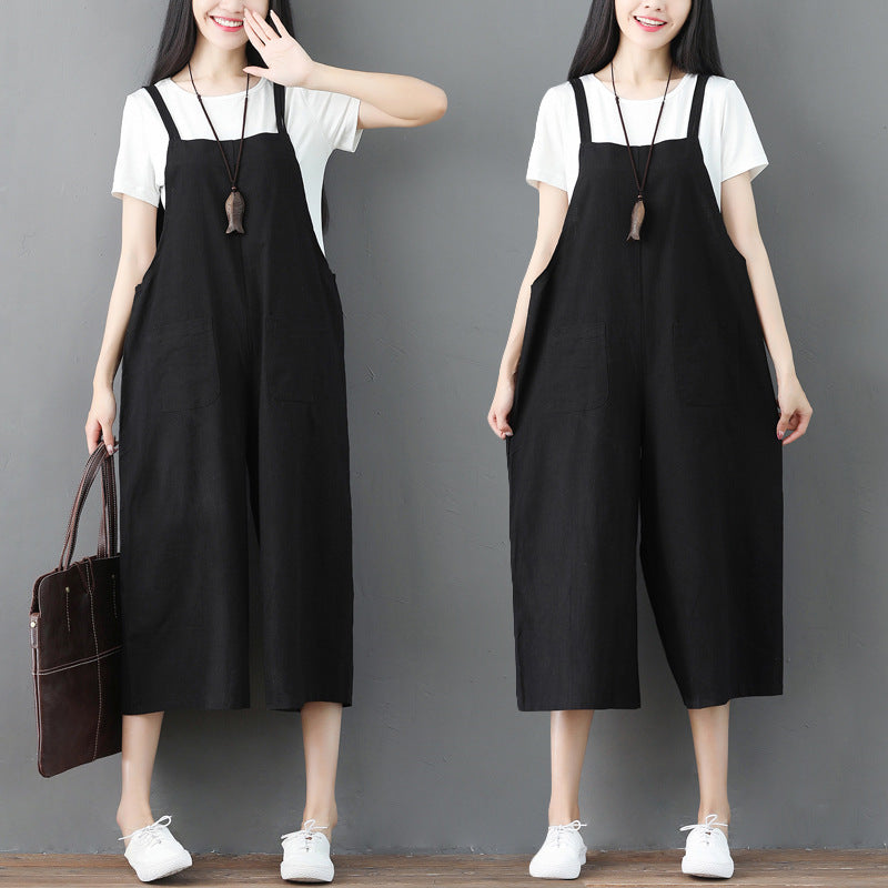 Plus Size Casual Linen Suspender Jumpsuit