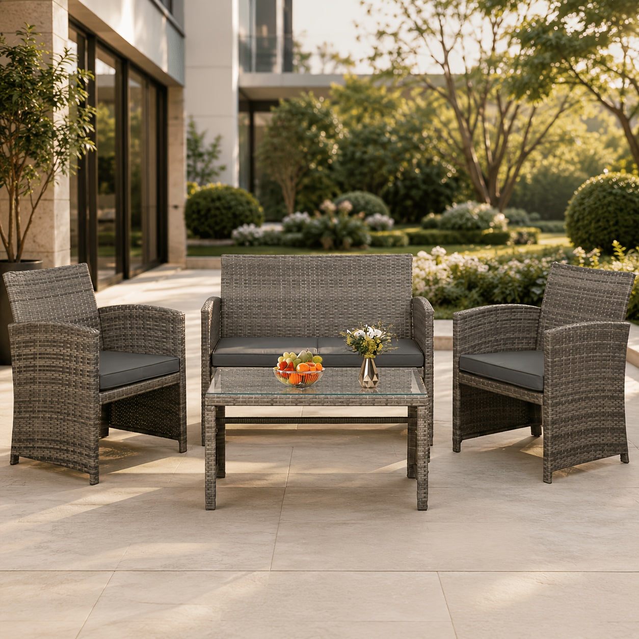 [Rattan Chat Set] SUNLEI 4pcs Rattan Chat Set for Outdoors, Featuring a Tempered Glass Coffee Table, Comfortable Cushions, And Rattan Chairs Ideal for Gardens, Backyards, And Pool Areas