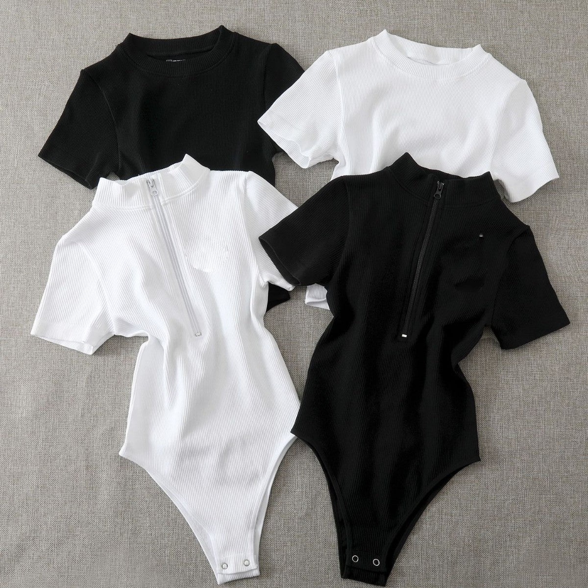Ribbed Zip-Up Turtleneck Short Sleeve Bodysuit