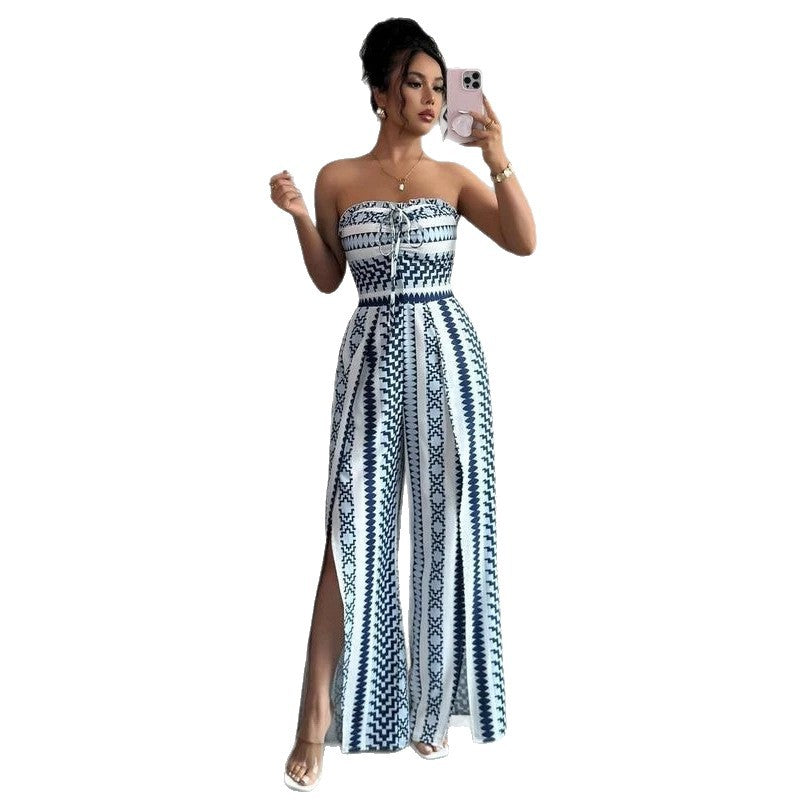 Womens Stylish Belted Slit-print Jumpsuit With A Cinched Waist