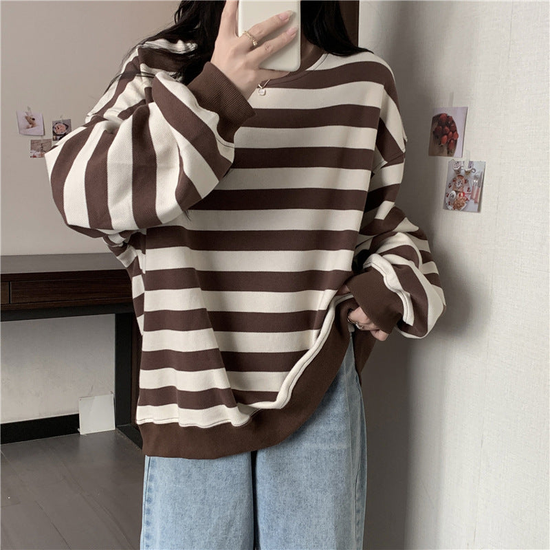 Retro Striped Crew Neck Casual Sweatshirt for Women