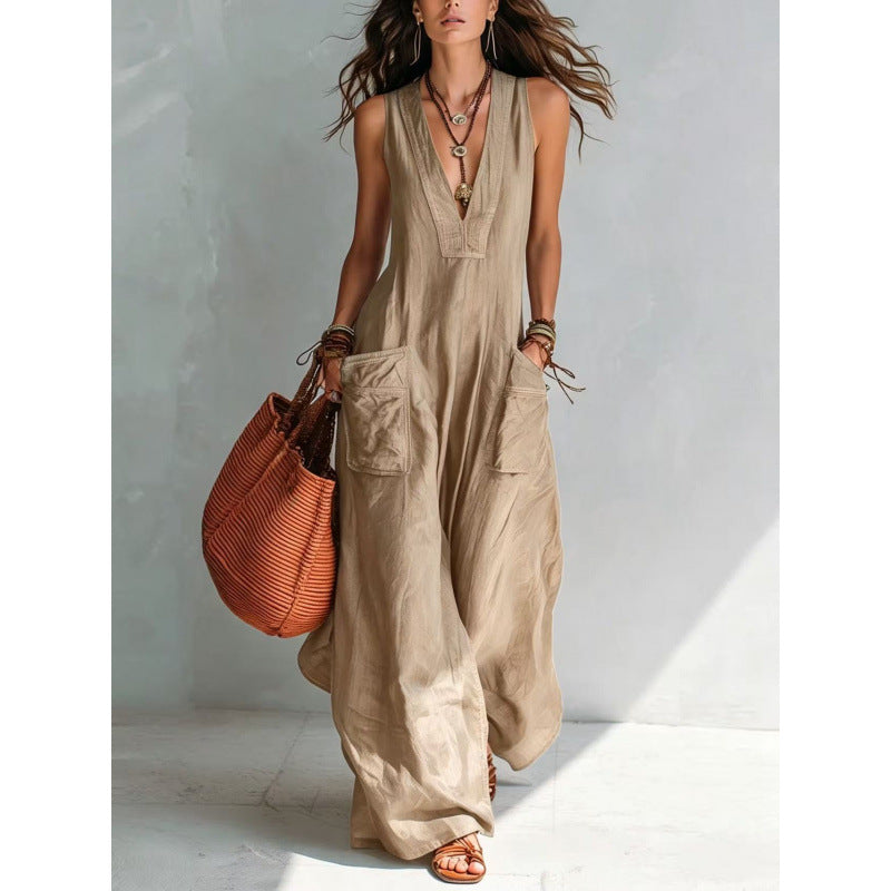 Elegant V-Neck Loose Wide-Leg Pocket Jumpsuit