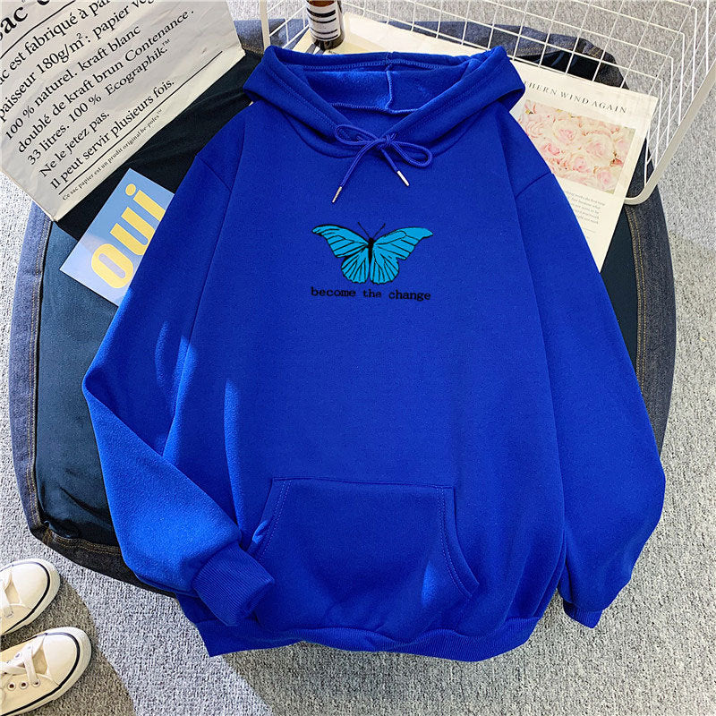 Cozy Butterfly Print Loose Pullover Hoodie