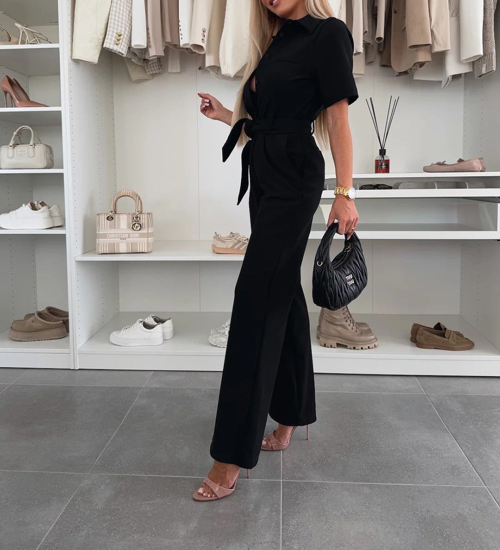 Womens Shirt-collar Short-sleeved Tie-detail Jumpsuit