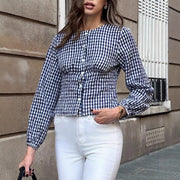 Women's Retro Casual Round Neck Plaid Shirt