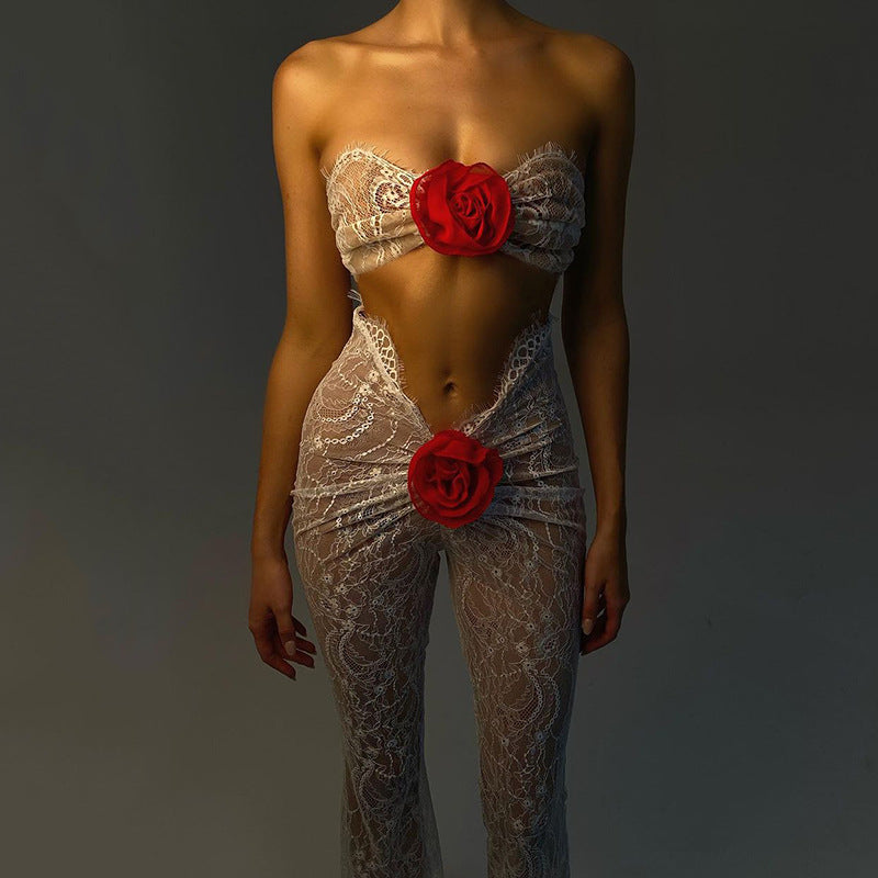 Women's Floral Lace See-Through Tube Top Jumpsuit