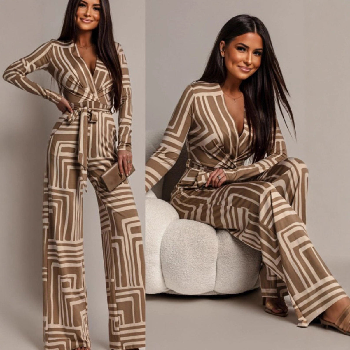 Elegant Deep V-Neck Long-Sleeve Wide-Leg Jumpsuit
