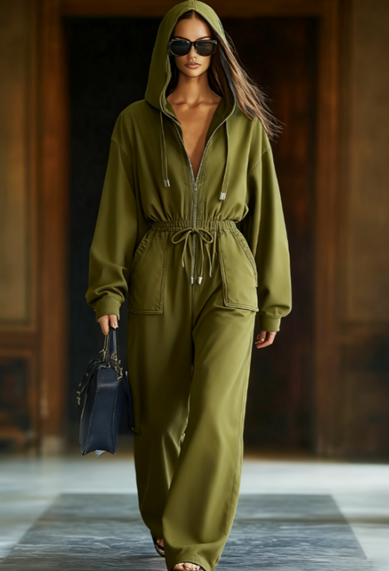 Women's Casual Hooded Zip Jumpsuit with Drawstring Waist