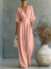 Elegant V-Neck Wide-Leg Waist-Cinching Jumpsuit