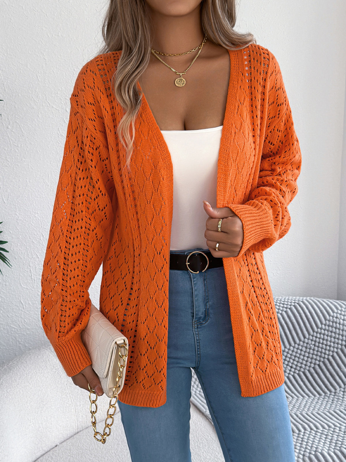 Women Hollow Out Lantern Sleeve Long Sleeve Cardigan Sweater Coat