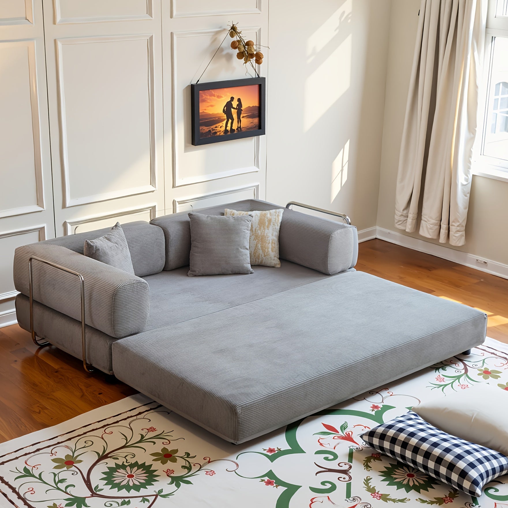 Modular L-shaped chaise longue sofa bed with deep seat and corduroy upholstery