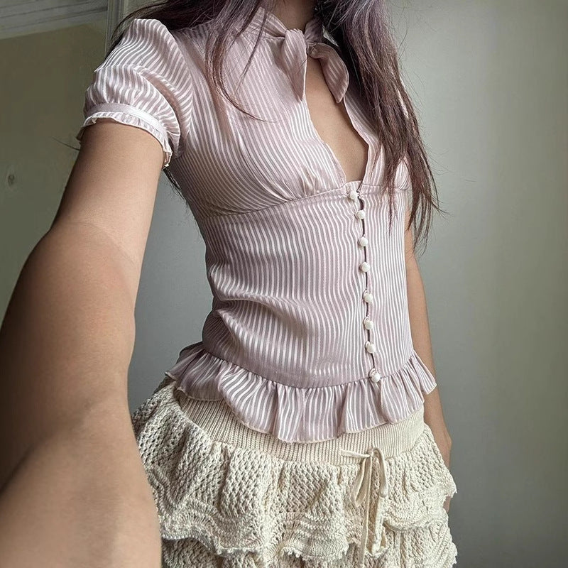 Chest-flattering Button Flounce Short Sleeve