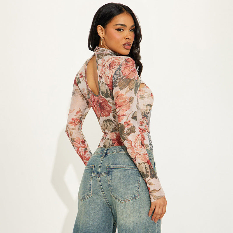 Printed Long Sleeve Round Neck Slim Fit Jumpsuit European And American Style