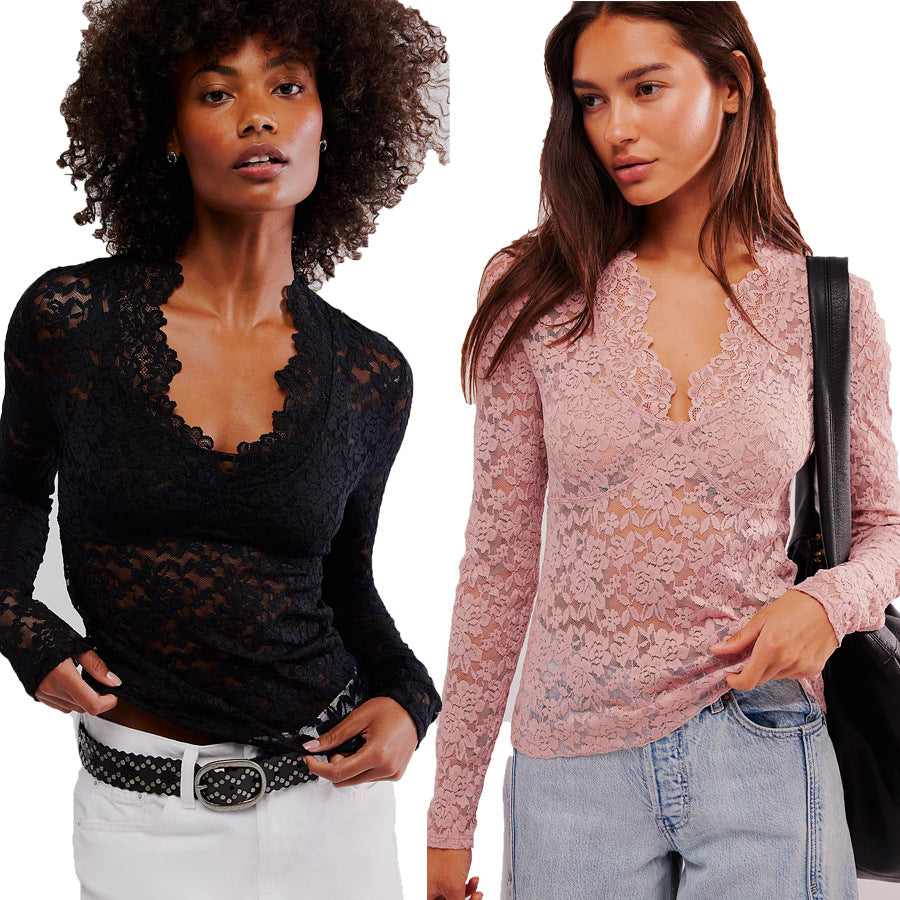 Hollow Lace Long-sleeved Top Bottoming Shirt V-neck