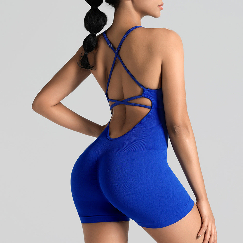 Seamless One-Piece Yoga Jumpsuit, Outdoor Back-Support Sports Bra, Peach Butt Fitness Outfit, Strappy Skin-Tight Bodysuit