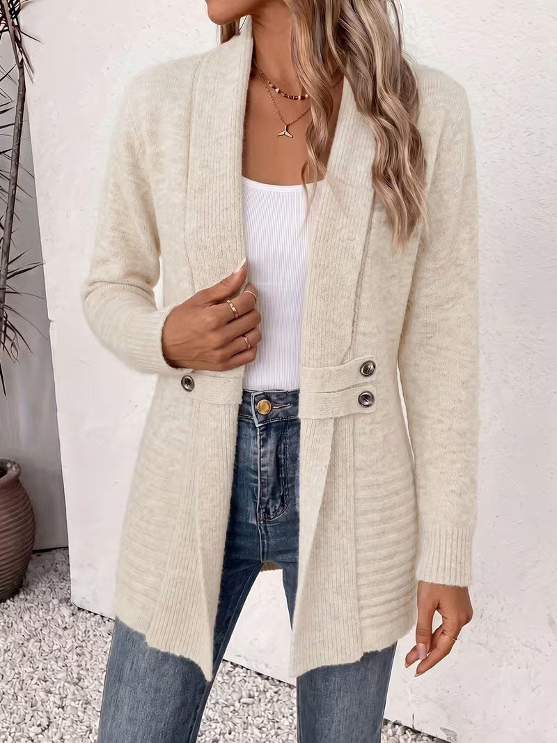 Womens Midi Simple Double-breasted Knitted Coat