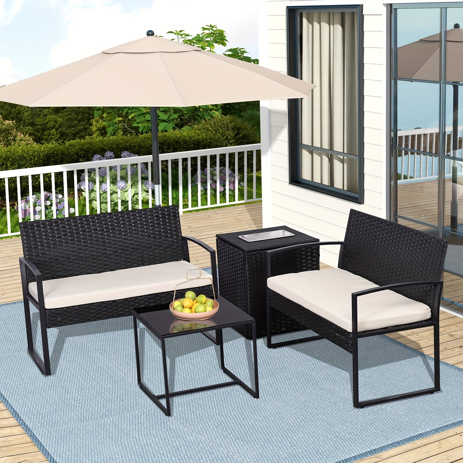 4pcs Outdoor Patio Furniture Set, Rattan Conversation Set Patio Sofa, Storage Box with Built-in Beverage Refrigeration Ice Bucket Box, Outdoor Coffee Table for Garden, Balcony, Porch