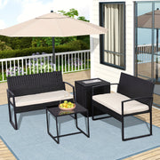 4pcs Outdoor Patio Furniture Set, Rattan Conversation Set Patio Sofa, Storage Box with Built-in Beverage Refrigeration Ice Bucket Box, Outdoor Coffee Table for Garden, Balcony, Porch