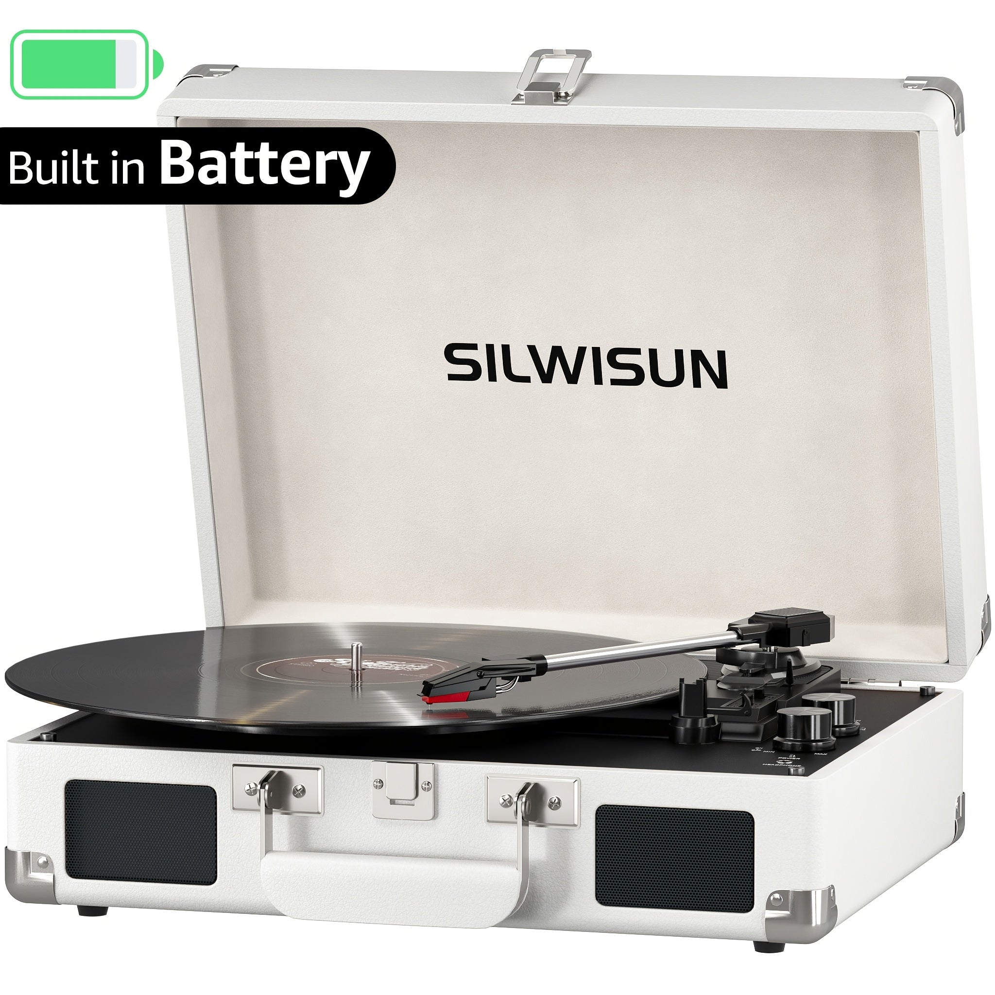 Portable Vinyl Record Player with Built‑In Speakers, Battery Powered, 3‑Speed Turntable, Wireless, Suitcase Design, 3.5 mm Headphone Jack, Aux In & RCA Out – Pink, Green, Brown, Black