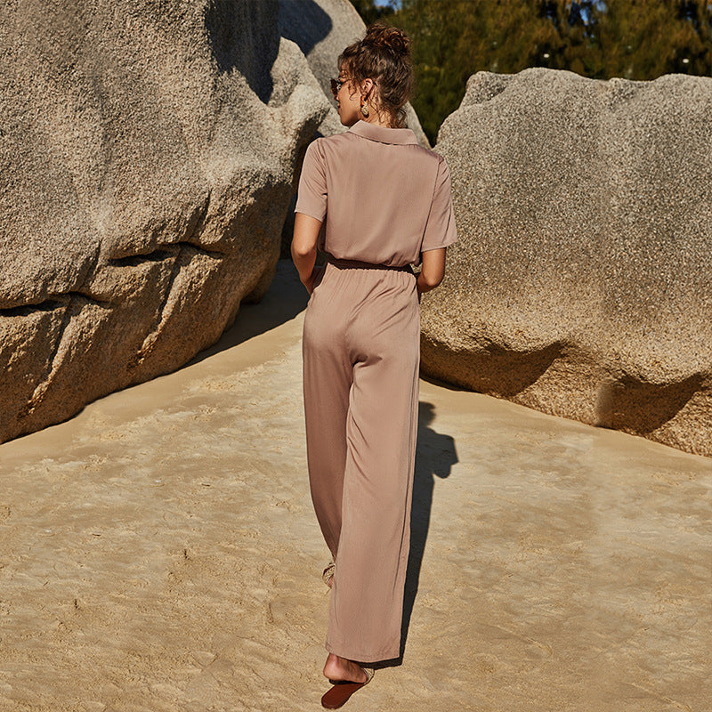 Chic Lapel Zipper Jumpsuit with Five-Quarter Sleeves