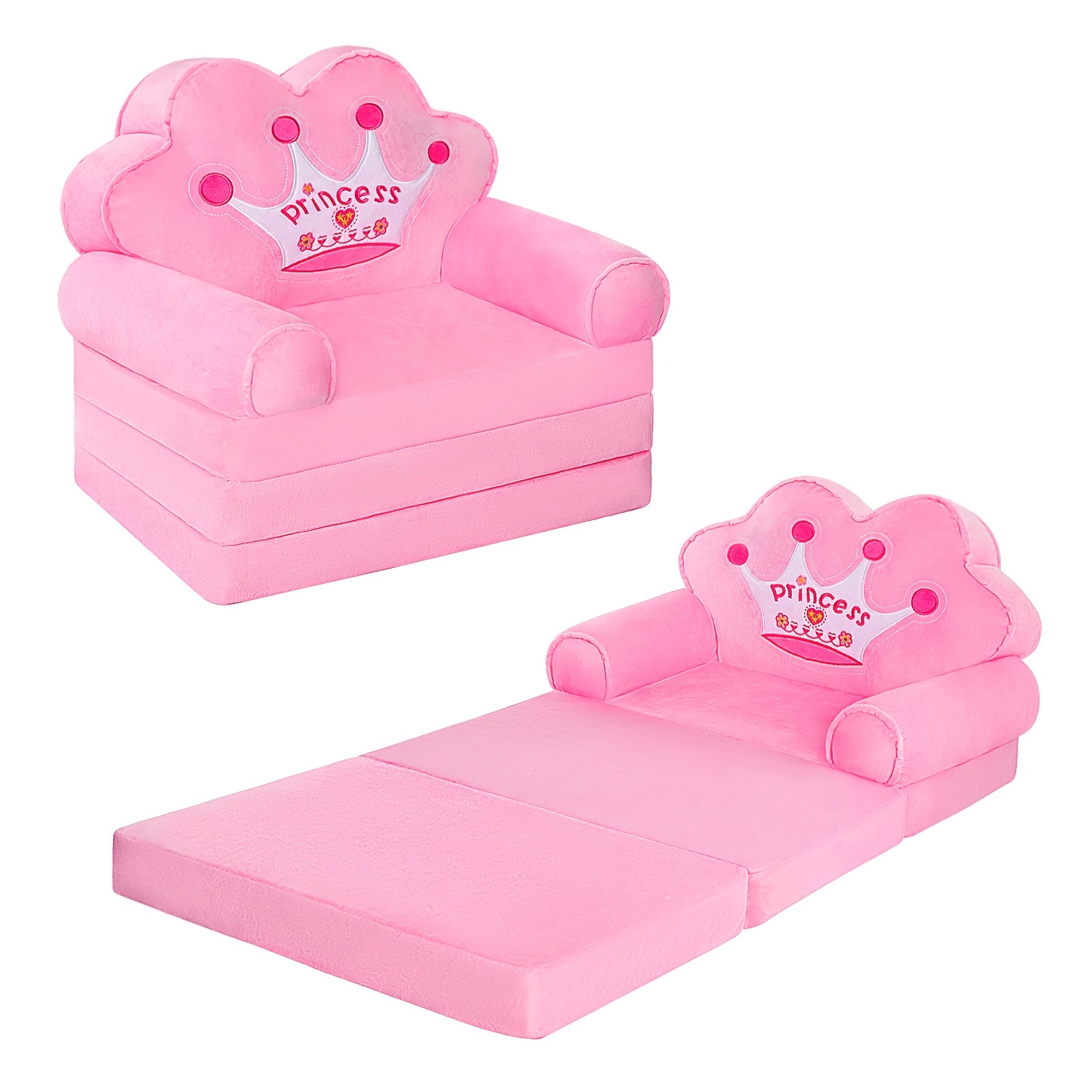 Princess Crown Pink 2‑in‑1 Kids Sofa & Lounger – Flip‑Open Couch with Machine‑Washable Plush Cover