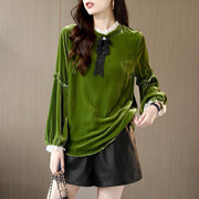 Green Pleuche Long Sleeve Lace-Up Top