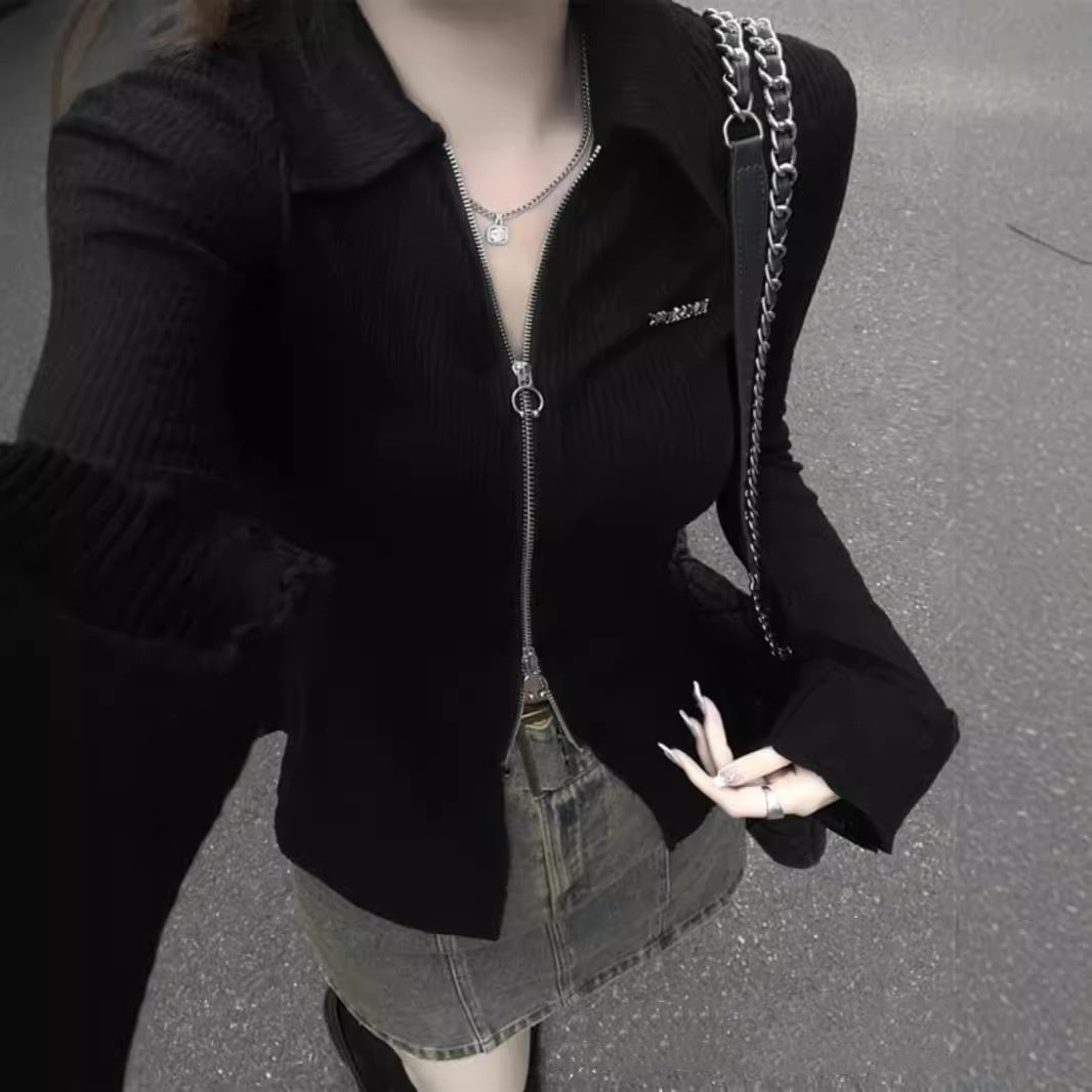 Black Long-sleeve Zipper Cardigan Slim Fit Sun Protection Top