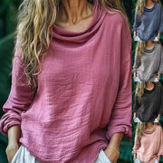Spring Women's Casual Loose Fashion Long Sleeved Solid Color Pile Collar Pullover Pleated Top
