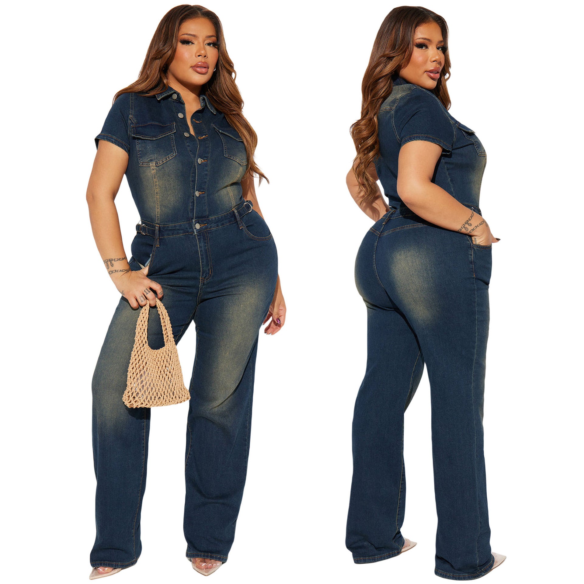 Washed Denim Waist-Slimming Elastic Jumpsuit