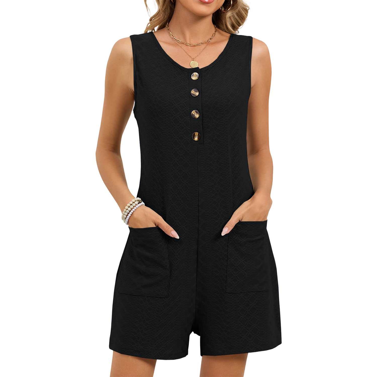 Womens Single-breasted Vest And Shorts Jumpsuit