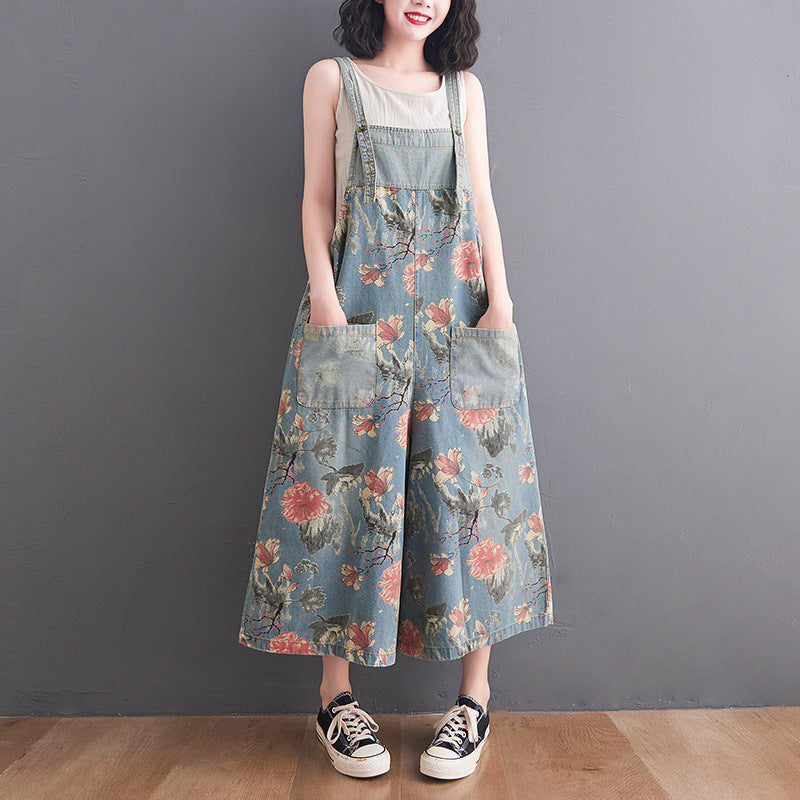 Korean Style Plus Size Fat Sister Printed Denim Wide Leg Suspender Pants