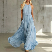 European and American-style Blue Cotton-linen Sleeveless Maxi Dress