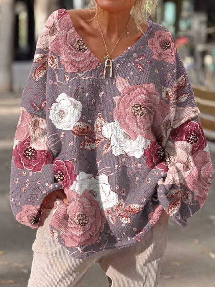 Relaxed Loose-fitting V-neck Pullover with Heavy-duty Print High-end Style