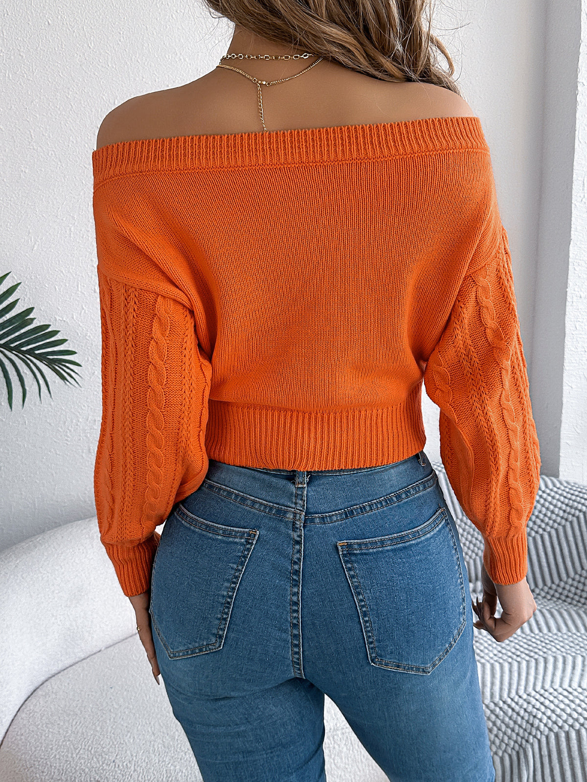 Women Casual Solid Color Off-shoulder V-neck Long Sleeve Pullover Sweater