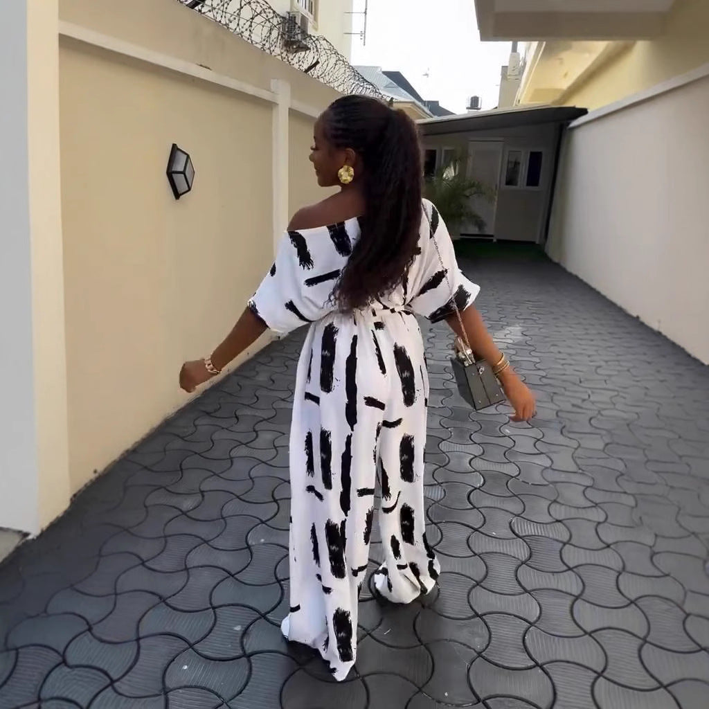 Off-shoulder Printed Short-sleeve Jumpsuit Womens Plus-size Top