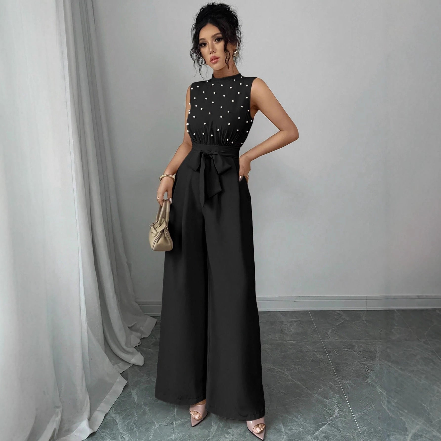 Black Polka Dot Sleeveless Wide-Leg Jumpsuit