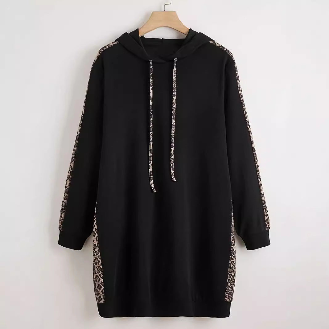 Plus Size Leopard Print Drawstring Hoodie
