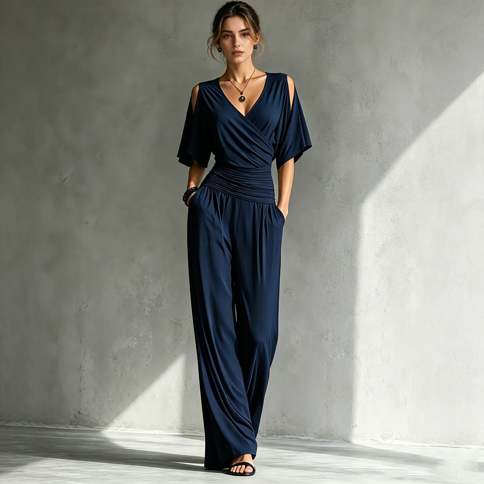 Stylish Elegant Off-Shoulder V-Neck Slim-Fit Jumpsuit For Women