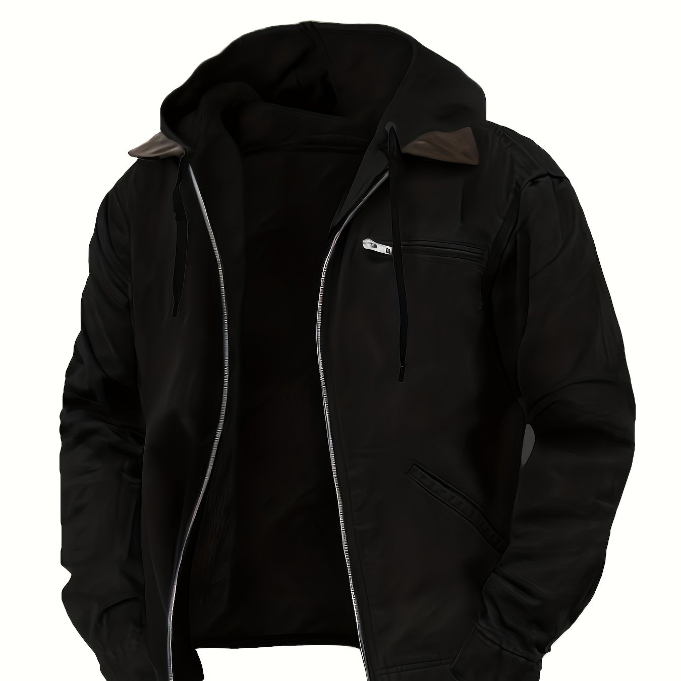 2025 New Autumn Winter Men's Vintage Loose Hooded Zip Jacket, 95% Polyester 5% Cotton Blend, Lightweight 350gsm, Front Pocket Design, Solid Color Spring Autumn Casual Coat, Perfect Gift Choice